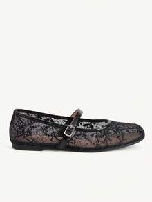 CUCCOO CHICEST 女款蕾絲網眼瑪麗珍鞋 夏季透氣扣帶平底鞋 日常通勤約會溫柔鞋 - 黑色 - 查看 11