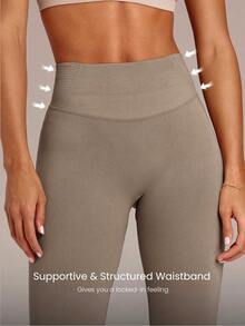 GLOWMODE 24" Ultrafine Soft Seamless Strong Strides High-Rise 3-Panel Waist Non-See Through Scrunch Butt Lifting Leggings Medium Impact Training Running Workout Gym Wear - Khaki - View 6