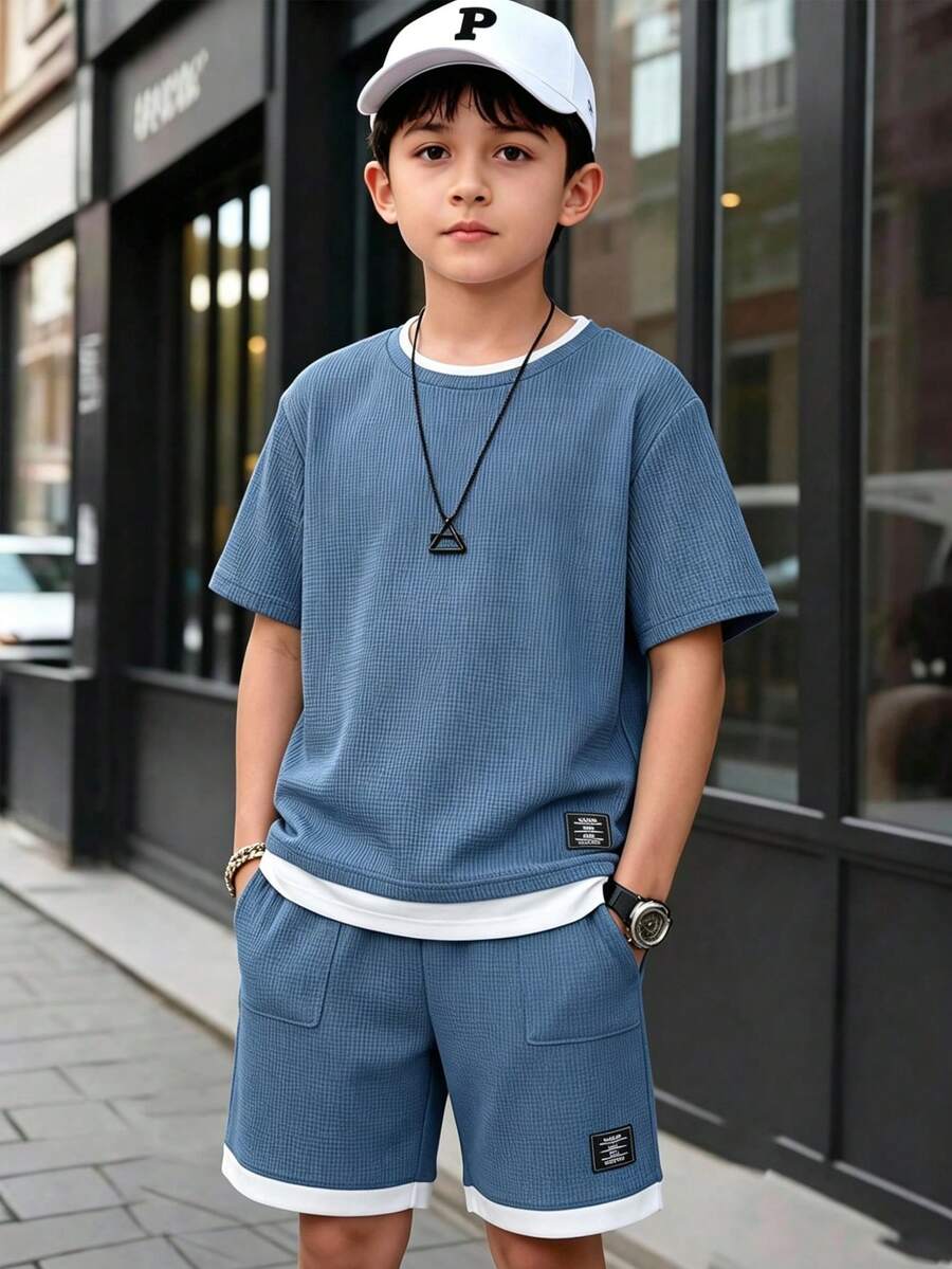 SHEIN Vacaura Setelan Kasual 2 Potong Kaos Lengan Pendek dan Celana Pendek Motif Huruf untuk Anak Laki-Laki Usia Remaja. - Dusty Blue - View 1