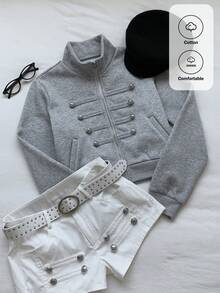 Comfortcana Women's Solid Color Pocket Casual Versatile Daily Long Sleeve Sweatshirt Autumn For Women Back To School Going Out Y2K Top Streetwear - Grey - View 3