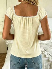 CovetEZ Yellow Striped Print Square Neck Petal Sleeve Tie Front Tee,Summer Top - Multicolor - View 2