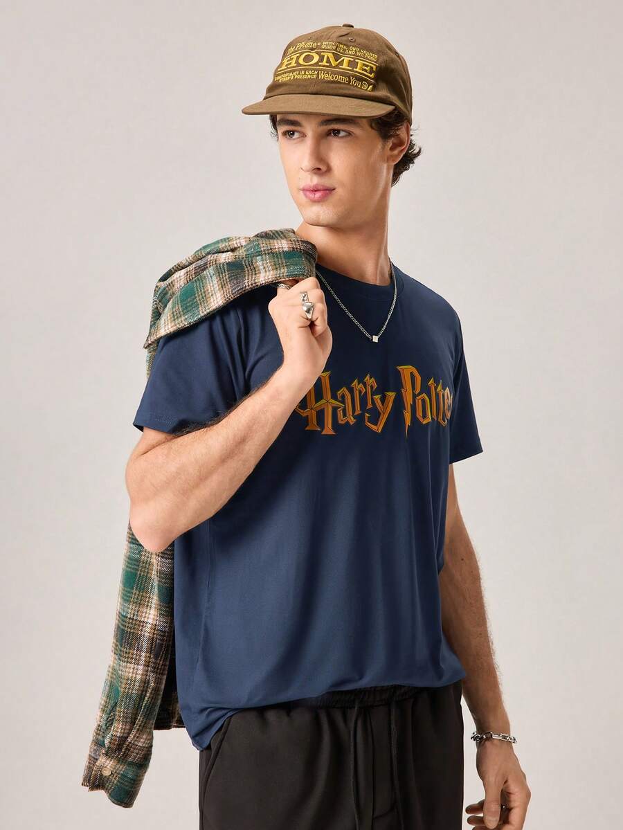 Strevion Harry Potter Kaos Pria Minimalis Motif Grafis Leher Bulat Lengan Pendek, Musim Panas - Navy Blue - View 1