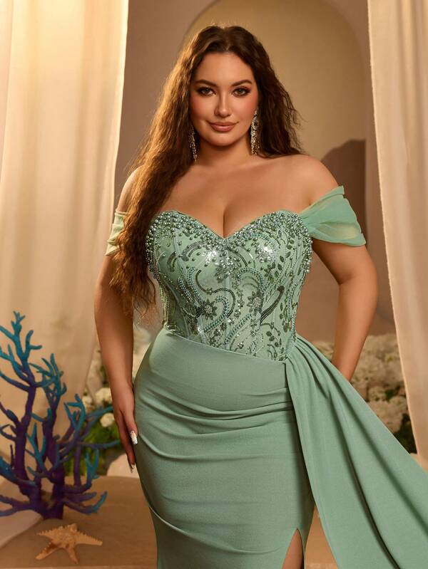 Glamrae Vestido de Noche Formal Elegante de Talla Grande Verde Claro con Lentejuelas, Patchwork de Tela Elástica, Hombros Descubiertos, Decoración de Lentejuelas y Mano de Obra Pesada