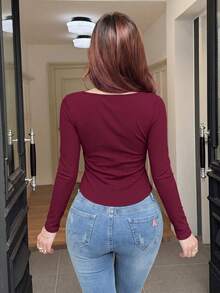 Feyla New Sexy U-Neck Bow Tie Petal Sleeve Versatile Slim Fit Short Top - Burgundy - View 7