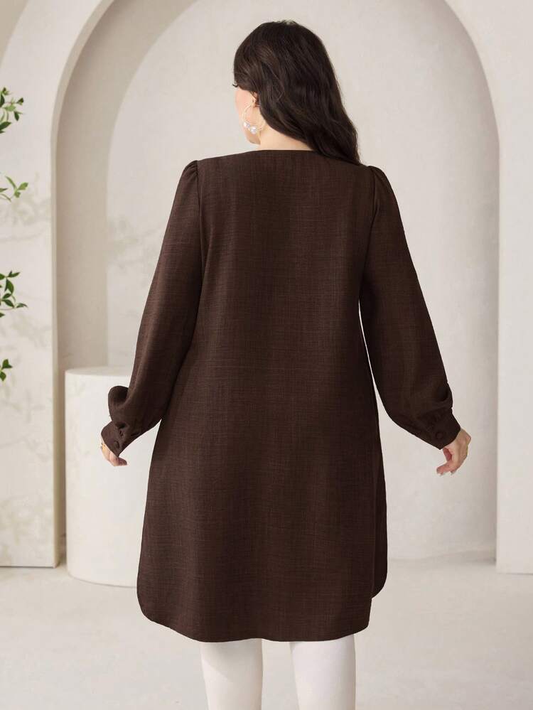 Veilorie Plus Size Women's Floral Embroidered Round Neck Long Sleeve Single-Breasted Long Shirt - Coffee Brown - View 2