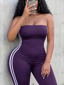 Slaydiva Plus Size Striped Colorblock Sexy Tube Top Jumpsuit Capri Pants Y2K Street Sweet Style - Purple - View 6