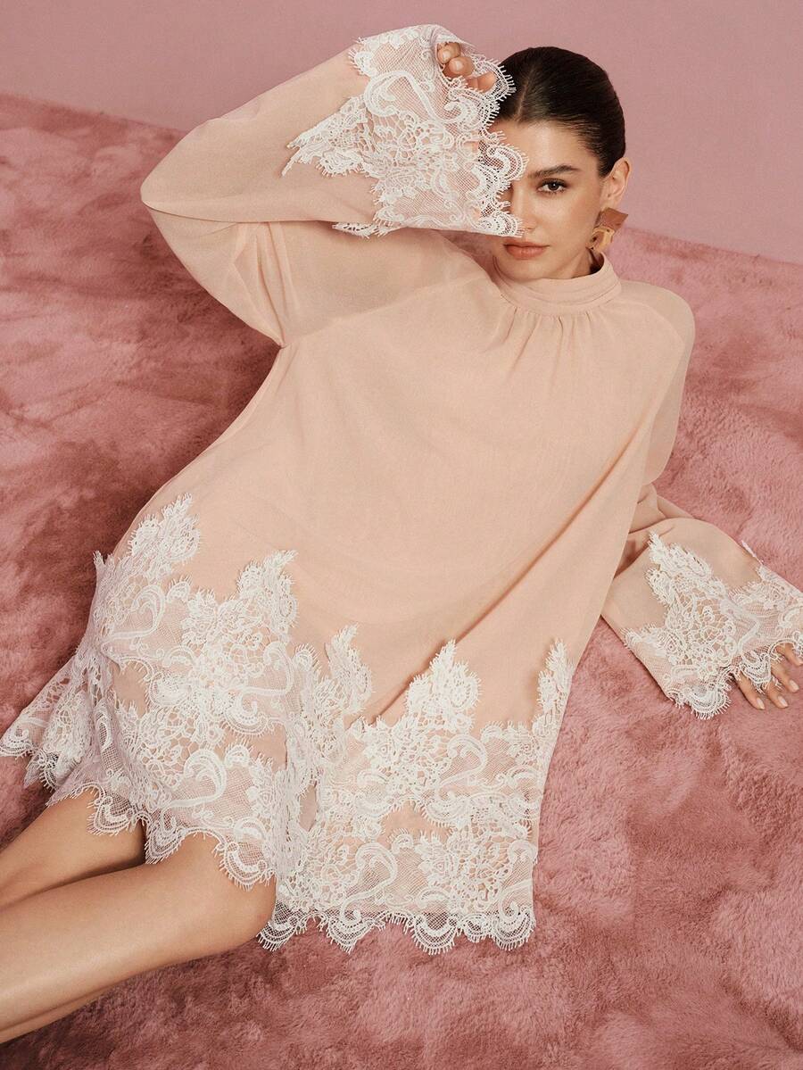 BELROSIE French Sweet Gentle Style Water-Soluble Lace Trim Patchwork Asymmetrical Hem Loose Pullover Cape-Style Elegant Long Sleeve Short Dress - Apricot - View 1