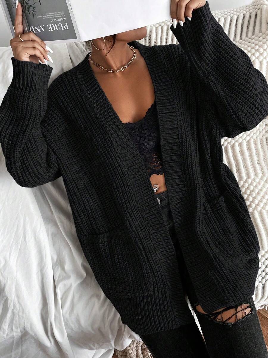 SHEIN Solid Dual Pockets Ribbed Knit Cardigan,Long Sleeve Tops Fall Winter Cloth For Women - Black - View 1