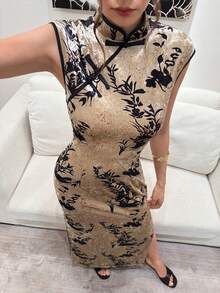 EastFlair Women's Floral Print Casual Elegant Vintage 70s Retro Party Dinner Midi Dress Black And Gold Winter - Multicolor - View 4