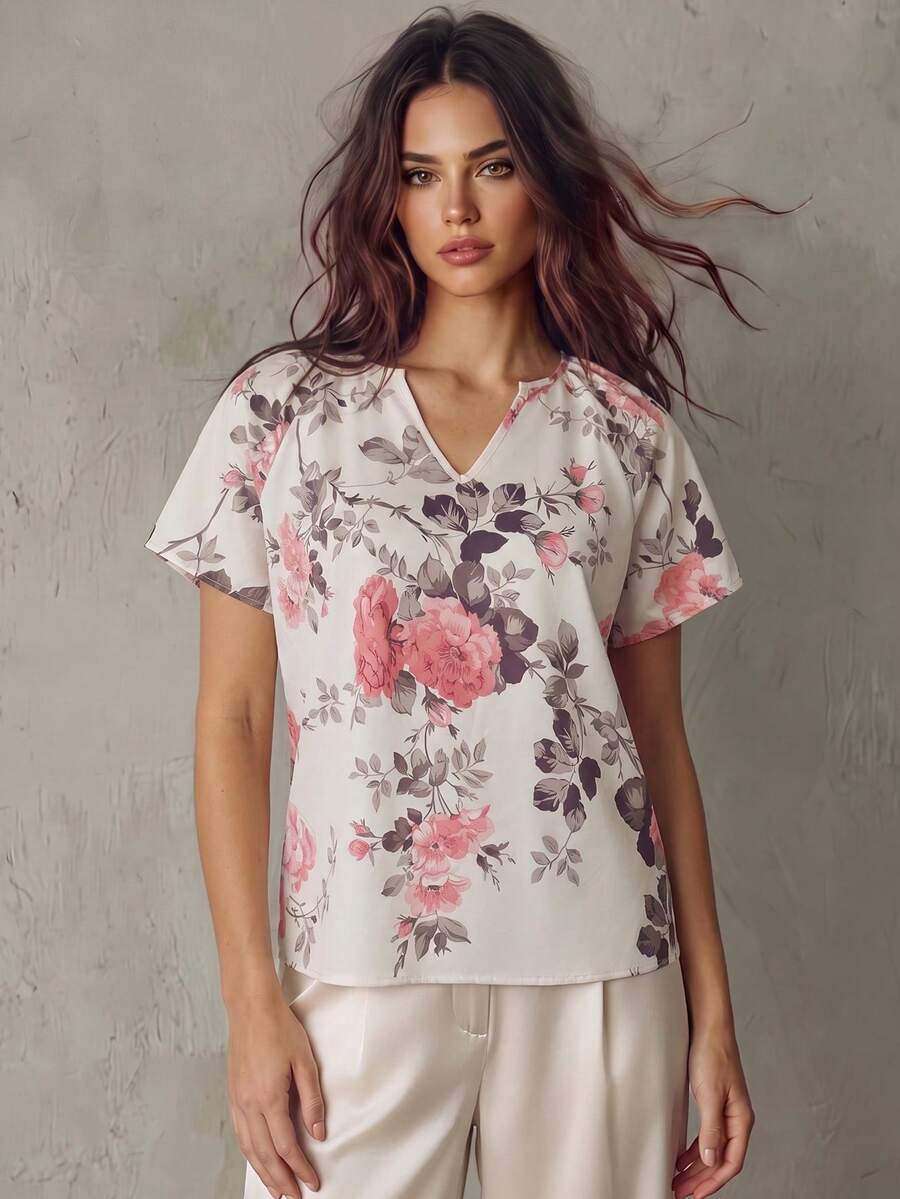 SHEIN Franclia 女士V领玫瑰花卉印花荷叶边下摆短袖衬衫，夏季 - 杏色 - 查看 1