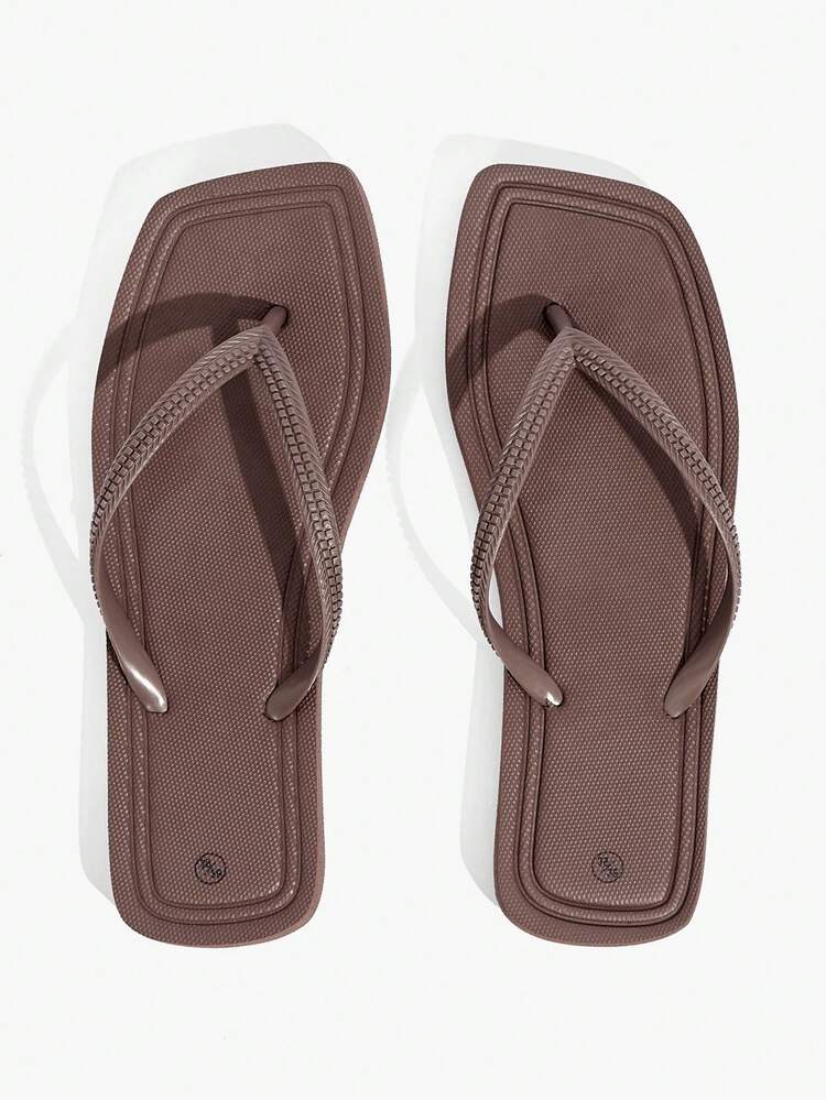 Grefit Women's Apricot Color Simple Comfort Square Toe Flat Flip Flops, Suitable For Beach, Vacation And Home Wear For Christmas Beach Shoes Summer Shoes - Coffee Brown - View 3