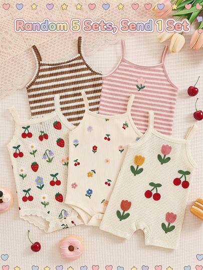 [Random 3pcs, Send 1pc] Vintage Cute Comfortable Brown Stripe Floral Series, Baby Girl Casual Romper For Spring/Summer, Easy Comfort, Chill