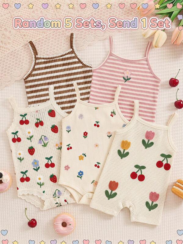 [Random 3pcs, Send 1pc] Vintage Cute Comfortable Brown Stripe Floral Series, Baby Girl Casual Romper For Spring/Summer, Easy Comfort, Chill