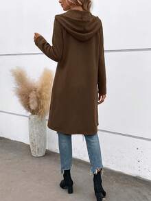 SHEIN LUNE 女款純色拉鍊連帽長款休閒外套，適合春季、秋季與深秋，附抽繩、口袋與拉鍊，標準袖長與標準版型，極簡風，適合日常休閒穿著 - 棕色 - 查看 2