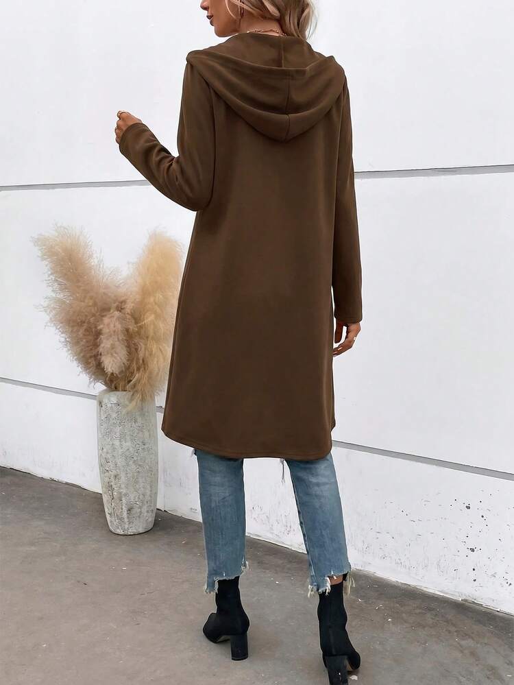 SHEIN LUNE Women's Solid Color Zipper Hooded Long Casual Jacket Suitable For Spring Autumn Drawstring Pockets Regular Fit Minimalist Travel Coffee Brown - Brown - View 2