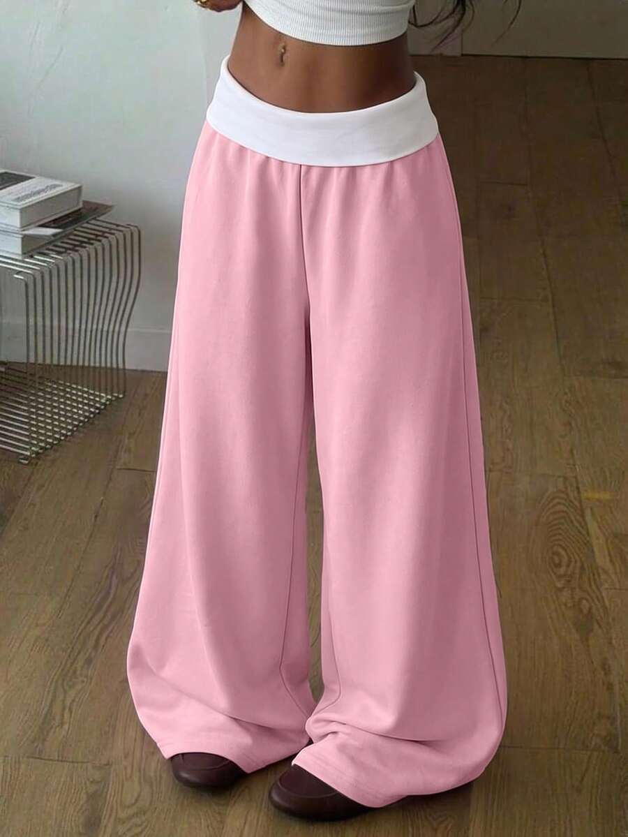 SHEIN 青少年女孩時尚高腰拼色寬鬆運動長褲,適合日常穿著 - 粉色 - 查看 1