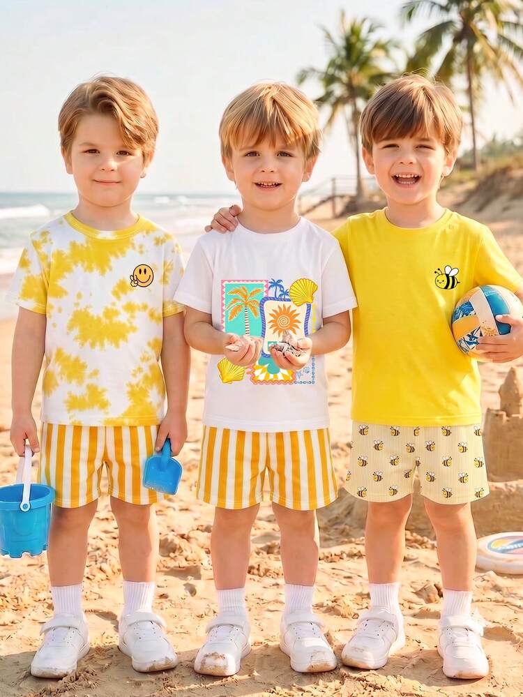 Souflis Souflis 3 Sets Young Boy Casual Vacation Outfit, Animal Pattern Printed Crew Neck Short Sleeve Top And Matching Printed Shorts Combination Set,School Clothes - Multicolor - View 3
