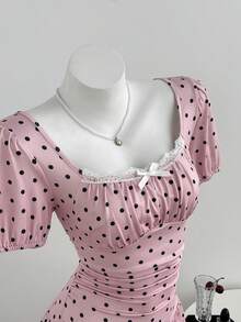 Elamini Women's Polka Dot Print Bow Decor Short Petal Sleeve Ruched Dress - Pink - View 6