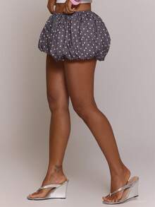 MUSERA Black Polka Dot Bubble Puff Balloon Mini Shorts - Brown - View 4