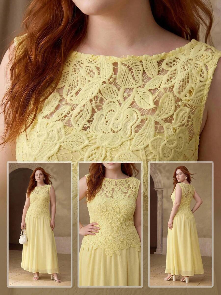 MOTF PREMIUM PLUS SIZE CONTRAST GUIPURE LACE SLEEVELESS DRESS - Yellow - View 1