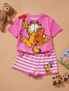 GARFIELD | SHEIN 女婴圆领短袖T恤和条纹短裤套装 - 粉色 - 查看 1