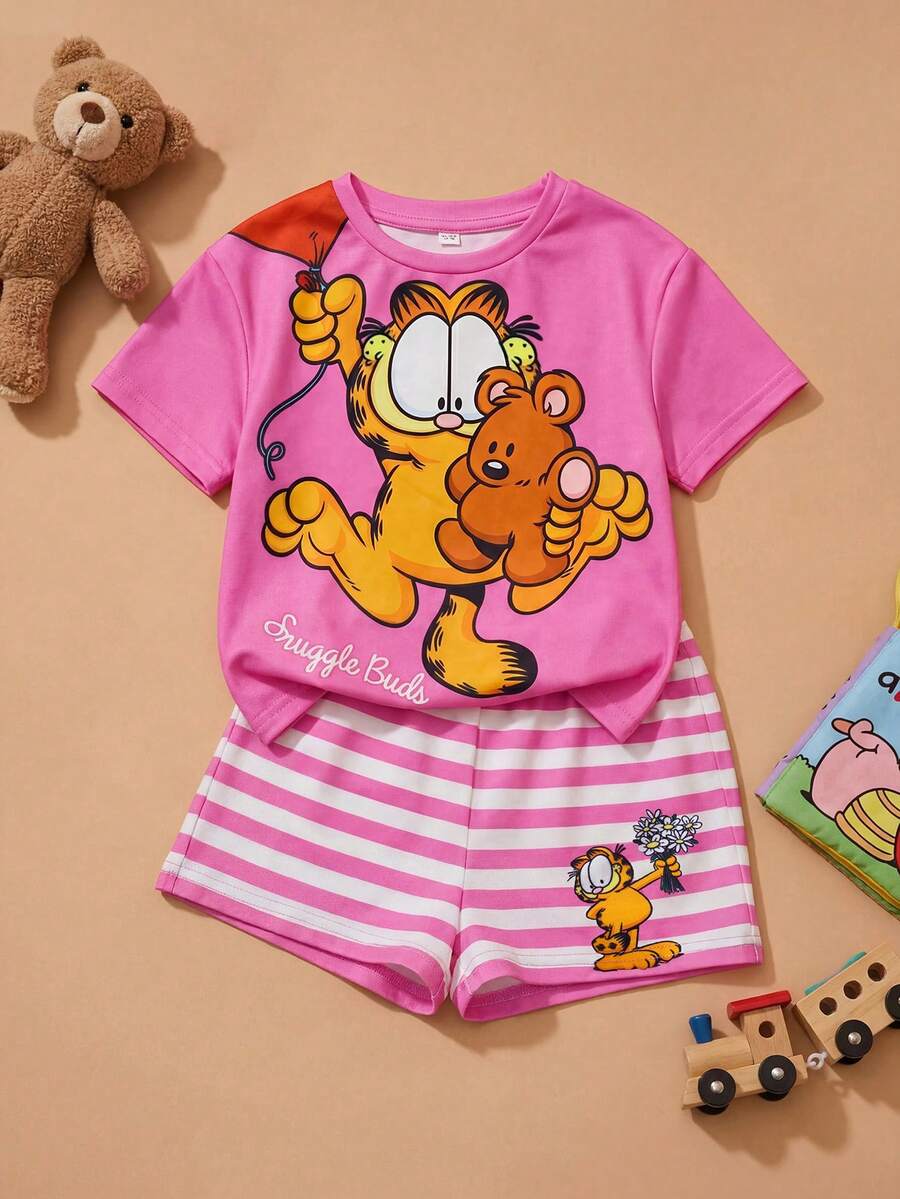 GARFIELD | SHEIN 女婴圆领短袖T恤和条纹短裤套装 - 粉色 - 查看 1