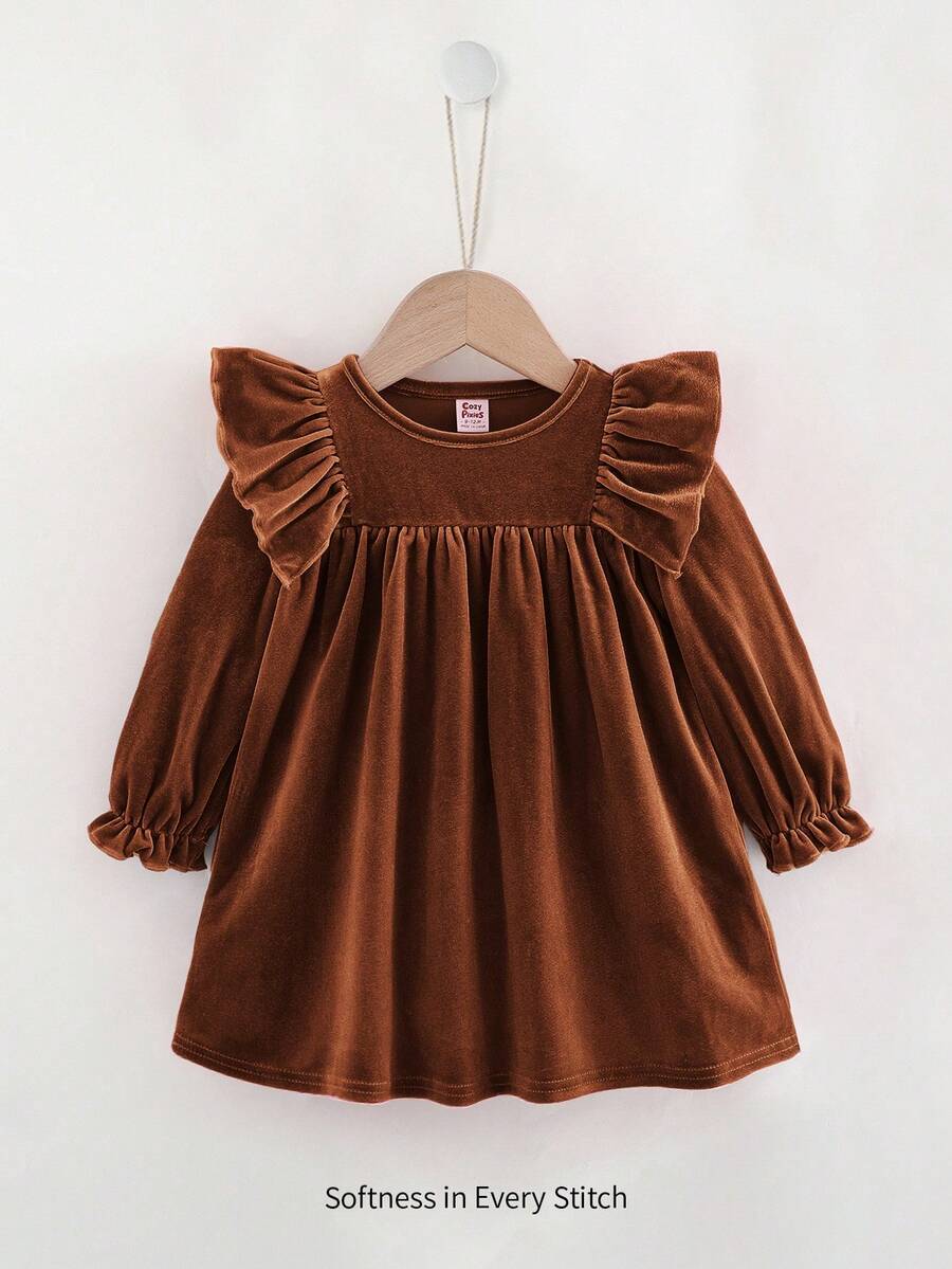 Cozy Pixies Baby Girl Lotus Pink Solid Color Ribbed Soft Round Neck Ruffle Hem 3D Bow Decor Classic Long Sleeve Waist-Cinching Dress, Toddler Girl Dress, Comfortable Versatile Fashion Daily Cute Casual Minimalist Basic Style, Autumn/Winter, Suitable For Indoor/Outdoor Casual, Outdoor Skiing - Rust Brown - View 1