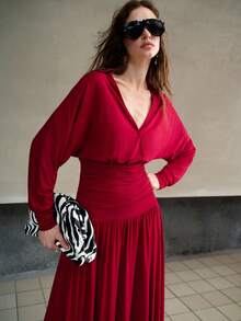 MOTF PREMIUM WOMEN'S AUTUMN KNIT BATWING SLEEVE STRUCTURED DESIGN LONG DRESS - Red - View 6