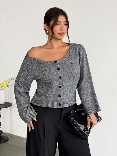 Firerie Plus Size Women's Asymmetrical Shoulder Single-Breasted Casual Versatile Daily Wear Cardigan