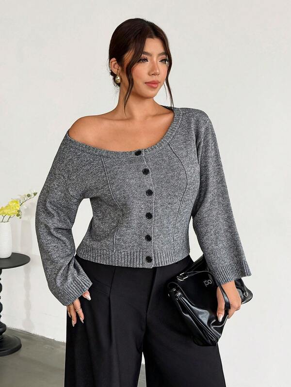 Firerie Plus Size Women's Asymmetrical Shoulder Single-Breasted Casual Versatile Daily Wear Cardigan