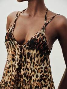 Femmeiva Women's Set Chiffon Textured Fabric Spaghetti Strap Wide Leg Style V-Neck Thin Design, All-Over Leopard Print, High Waist Pants Sexy Summer Beige - Multicolor - View 6
