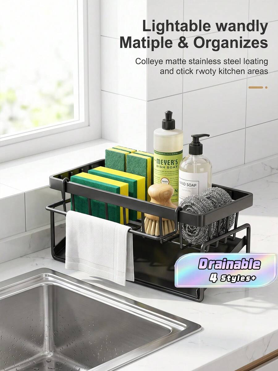 No-Drill Gray Sink Storage Rack | Rustproof Space-Saving Kitchen Organizer With Hooks, For Dishes, Soap & Cleaning Brushes, Easy Install & Clean, High Load-Bearing, Scandinavian Style