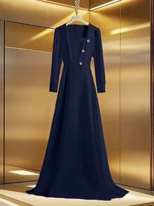 Franclia Vestido elegante de fiesta de unicolor con mangas abullonadas - Azul Marino - Ver 3