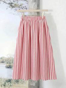 Rusticease Plus Size Striped Print Pocket Casual Versatile Skirt, Summer Vacation Spring Country Fall - Red - View 2