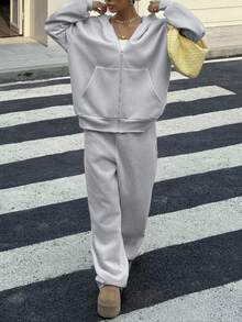 SHEIN 兒童青少年女孩休閒運動純色拉鍊連帽衛衣褲套裝 機場度假風 淺灰色 秋季 - 灰色 - 查看 16