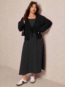 Elaquor Plus Size Solid Color Top And Polka Dot Print Dress 2 Pieces Set - Black and White - View 5