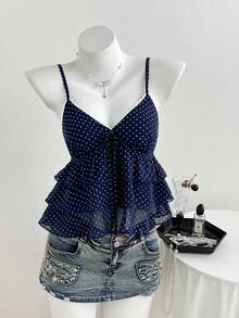 SHEIN Unity 女士藏蓝色舒适方领波点荷叶边吊带背心，适合度假、海滩和日常百搭穿着 - 藏蓝色 - 查看 3