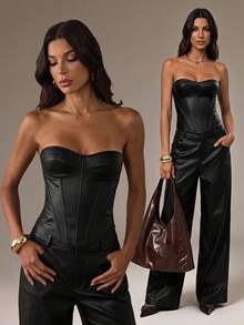 SHEIN Tall Women's Sexy PU Material Fishbone Strapless Top - Black - View 1