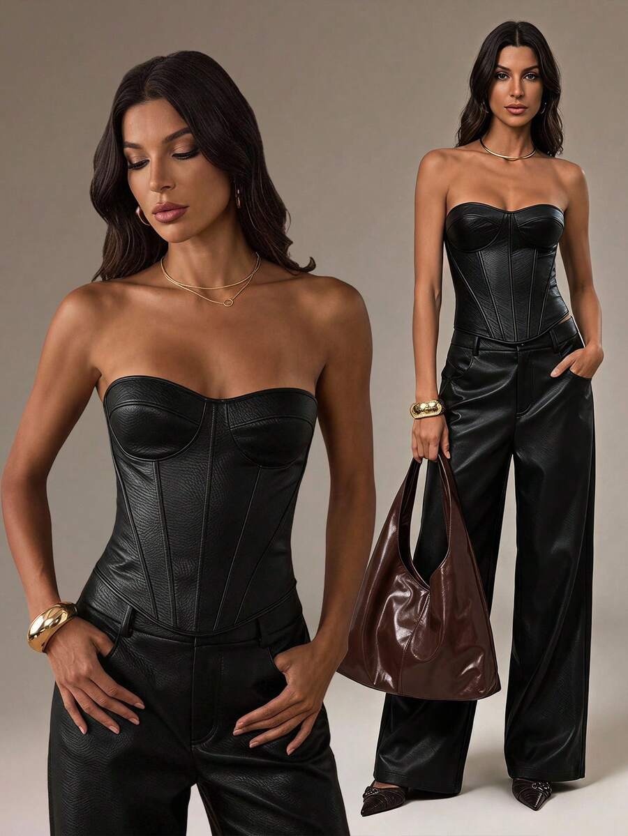 SHEIN Tall Women's Sexy PU Material Fishbone Strapless Top - Black - View 1