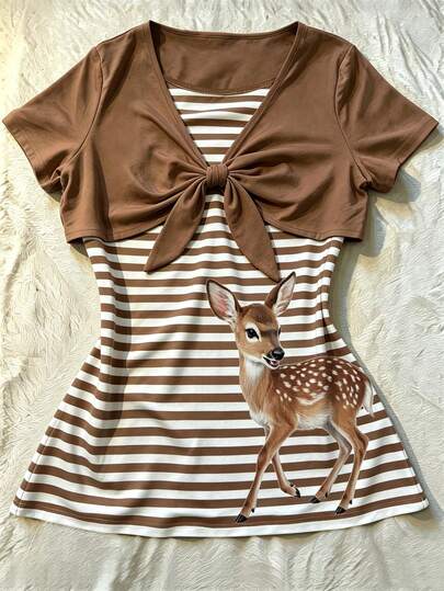 IslaSuriya Vintage Brown & White Striped Deer Print Waist-Cinched Top