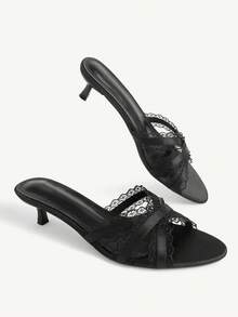 CUCCOO CHICEST Sandal Wanita Musim Panas Terbaru dengan Tali Hitam dan Pinggiran Renda, Hak Tinggi, Ujung Bulat, Hak Sedang, dan Ujung Terbuka, Cocok untuk Penggunaan Sehari-hari yang Serbaguna dan Nyaman. - Simulasi sutra hitam 1 # - View 8