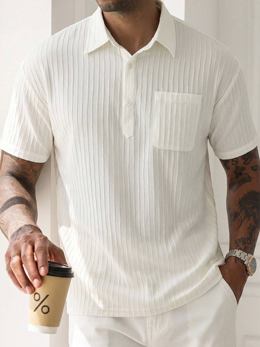 HUEFORM Men's Summer Old Money Style Textured Crinkle Half-Button Casual Shirt Top - White - View 1