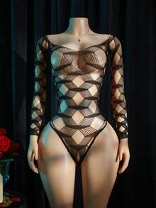 SpicyHot 1pc Sexy Women's Black Geometric Mesh Long Sleeve Backless Jumpsuit - Black - View 3