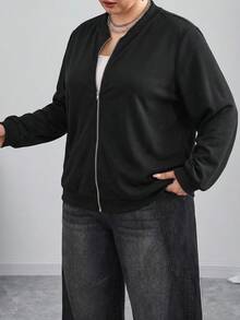 SHEIN CURVE+ Casual Smart Black Zipper Short Plus Size Flight Jacket Autumn 2026 22W - Black - View 5