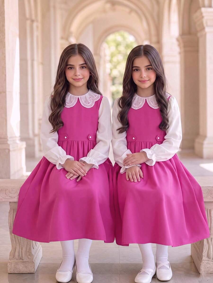 SHEIN Tween Girls Midi Dress, Eyelet Peter Pan Collar Ruffle Long Sleeve A-Line Dress - Multicolor - View 1