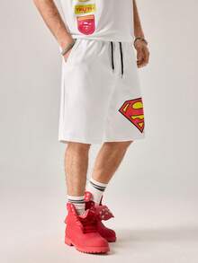 Strevion SUPERMAN Men's Loose Superhero Graphic Print Casual Sports Shorts, Summer - White - View 3