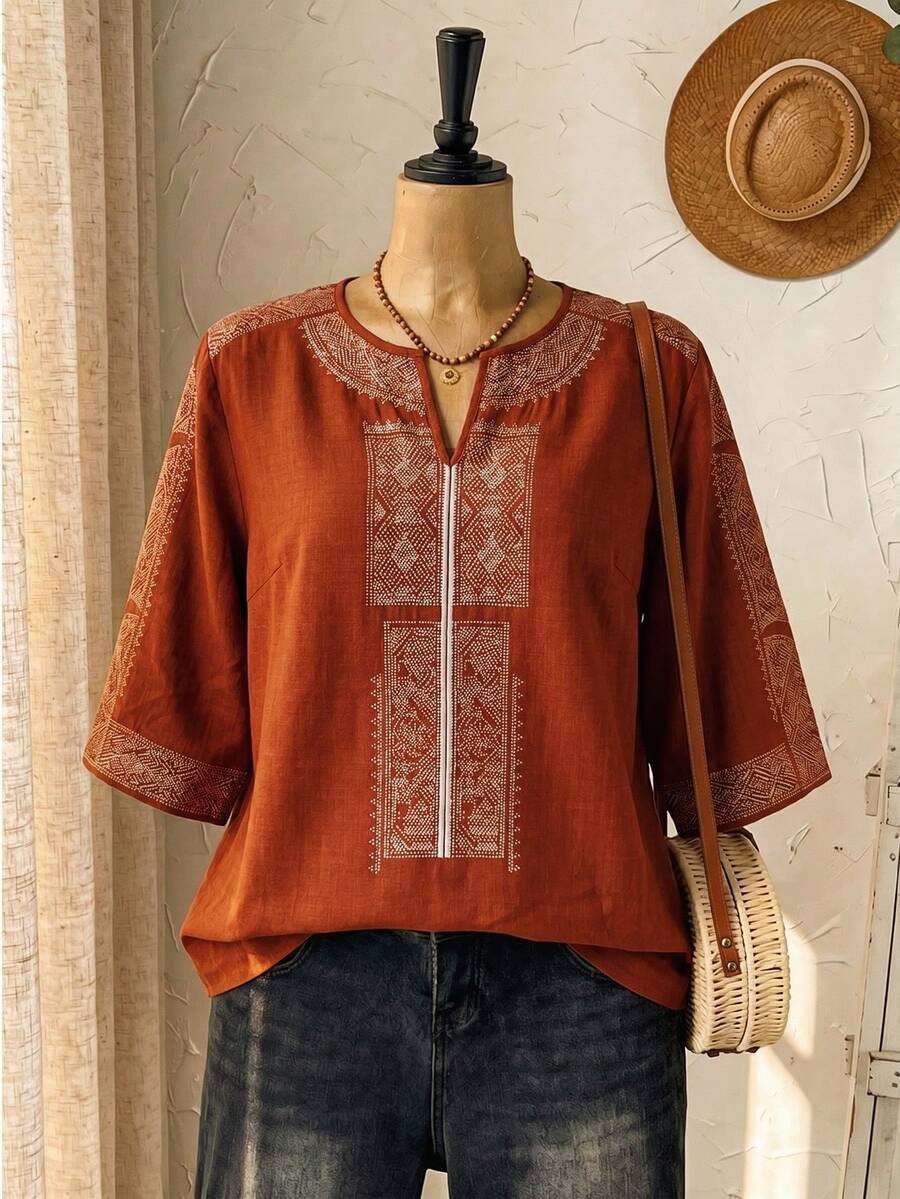 Rusticease 大尺碼女款休閒白色鏤空刺繡襯衫,秋季服飾 - 鏽棕色 - 查看 1