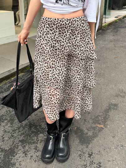 K-Vae Women's Vintage Leopard Print Cake Hem Asymmetrical Mid-Length Chiffon A-Line Skirt, Slimming Sweet & Spicy Style