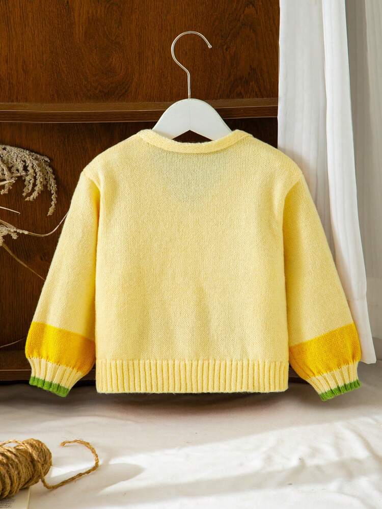 SHEIN Young Girl Knit Contrast Color V-Neck 3D Floral Casual Cardigan - Multicolor - View 8