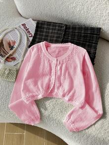 SHEIN Lightweight Knit Cardigan For Tween GirlsOpen Front Sweater, Outerwear To Match Camisole Dress - Pink - View 5